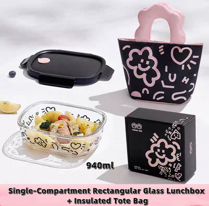 Microwave-Safe Glass Lunch Box + Insulated Tote Bag | Heat & Cold Resistant | Trendy Black & Pink