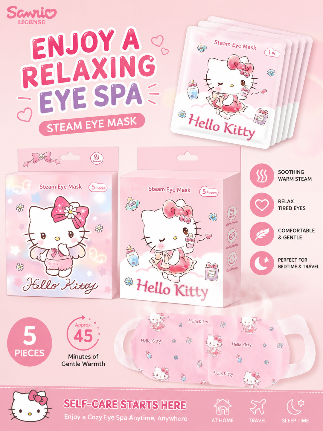 Hello Kitty™ & Crayon Shin-chan™ Steam Eye Mask – Self-Heating Warm Compress Eye Masks | 45 Minutes Gentle Warmth