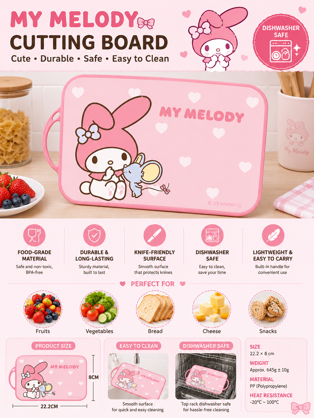 Sanrio Cutting Board – Dishwasher Safe, Food-Grade & Easy to Clean