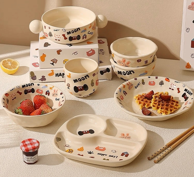 『 Cute Moon Dog Collection』 Handcrafted Underglaze Ceramic Tableware — Portion Plate 🥗, Dinner Plate 🍽️, Rice Bowl 🥣 & Mug