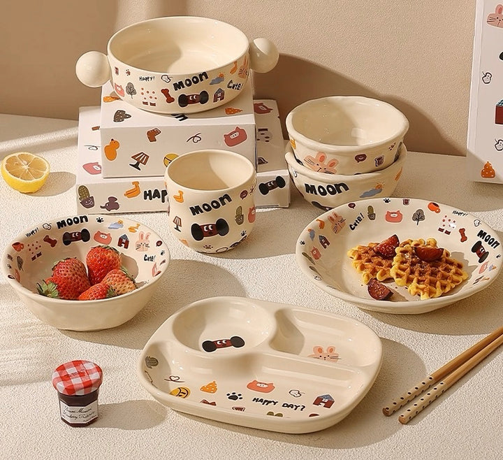 『 Cute Moon Dog Collection』 Handcrafted Underglaze Ceramic Tableware — Portion Plate 🥗, Dinner Plate 🍽️, Rice Bowl 🥣 & Mug