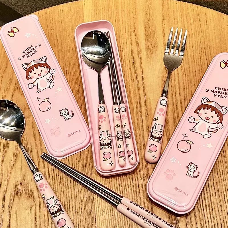 Chibi Maruko-chan 3-Piece Set Portable Tableware Set Stainless Steel Spoon +Fork +Chopsticks Pink Set