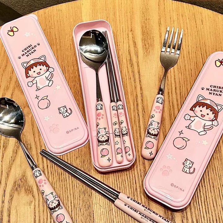Chibi Maruko-chan 3-Piece Set Portable Tableware Set Stainless Steel Spoon +Fork +Chopsticks Pink Set