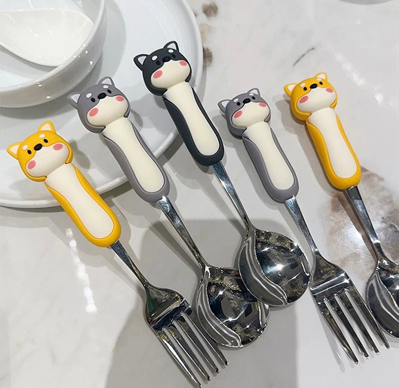 【3D Husky Design 】Stainless Steel Long-Handle Spoon 🥄 & Fork Set