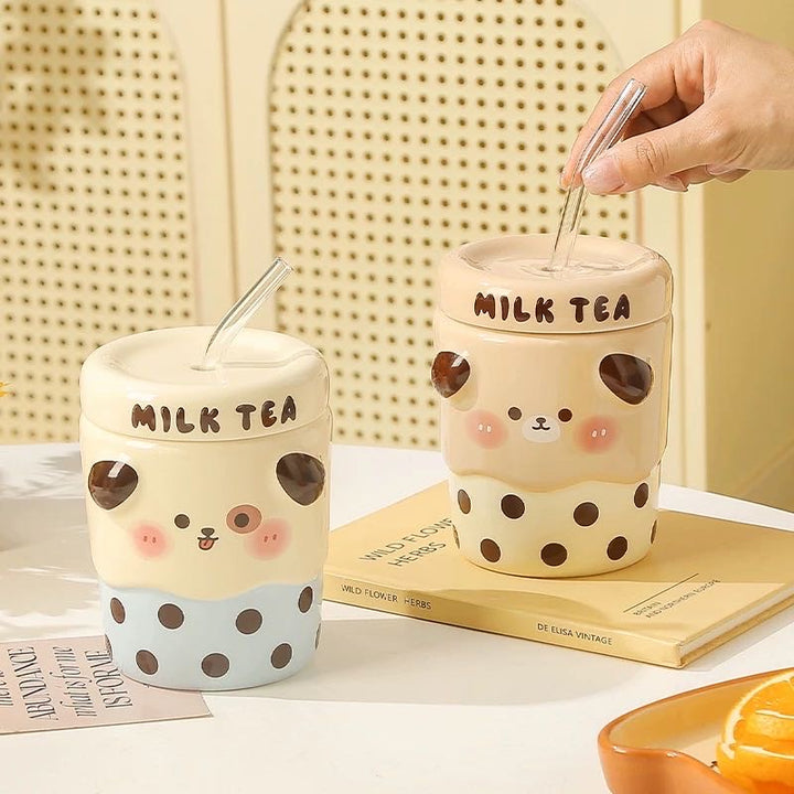 Cute Cute Milk Tea Straw Cup with Lid Ceramic Cup Glass Straw