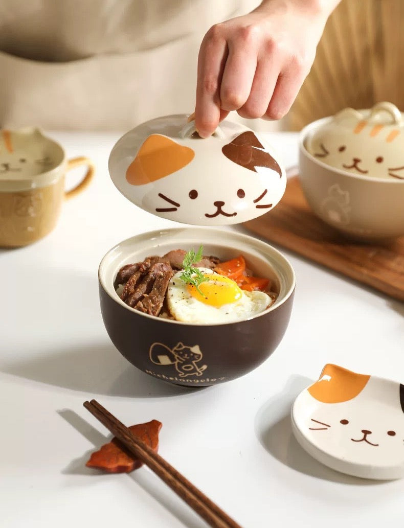 Cute Cat Ceramic Large Capacity with Lid Soup Bowl Noodle Bowl