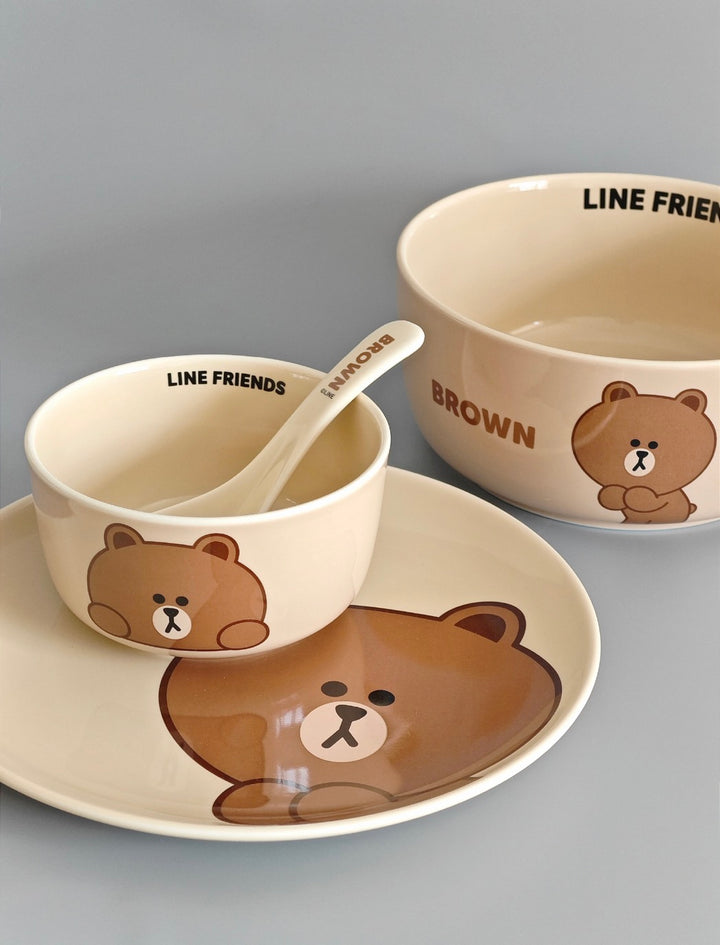 LINE FRIENDS Brown Bear & Choco Bear Ceramic Tableware For One Person 4 Gift Box