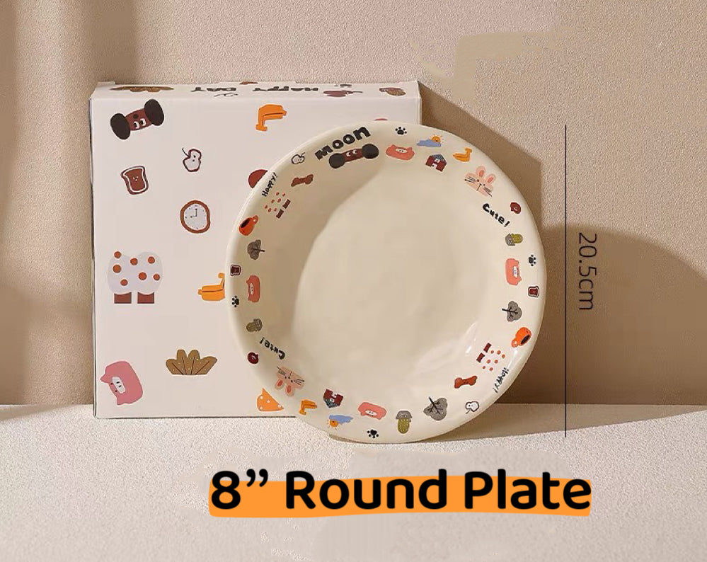 『 Cute Moon Dog Collection』 Handcrafted Underglaze Ceramic Tableware — Portion Plate 🥗, Dinner Plate 🍽️, Rice Bowl 🥣 & Mug