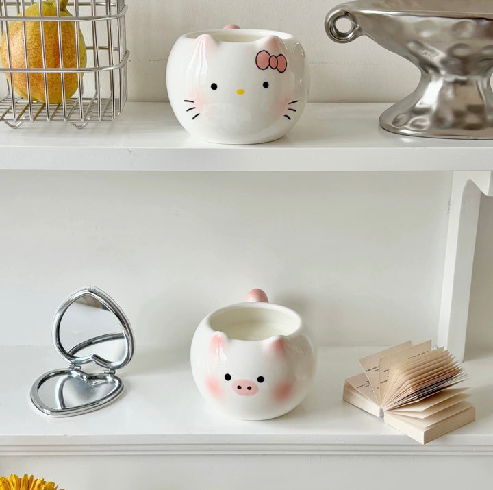 Blushing Kitty & Little Pink Pig 🐷 Ceramic Mug – Heat Resistant