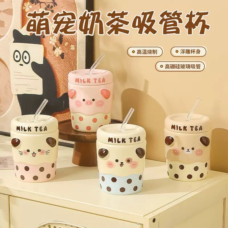 Cute Cute Milk Tea Straw Cup with Lid Ceramic Cup Glass Straw