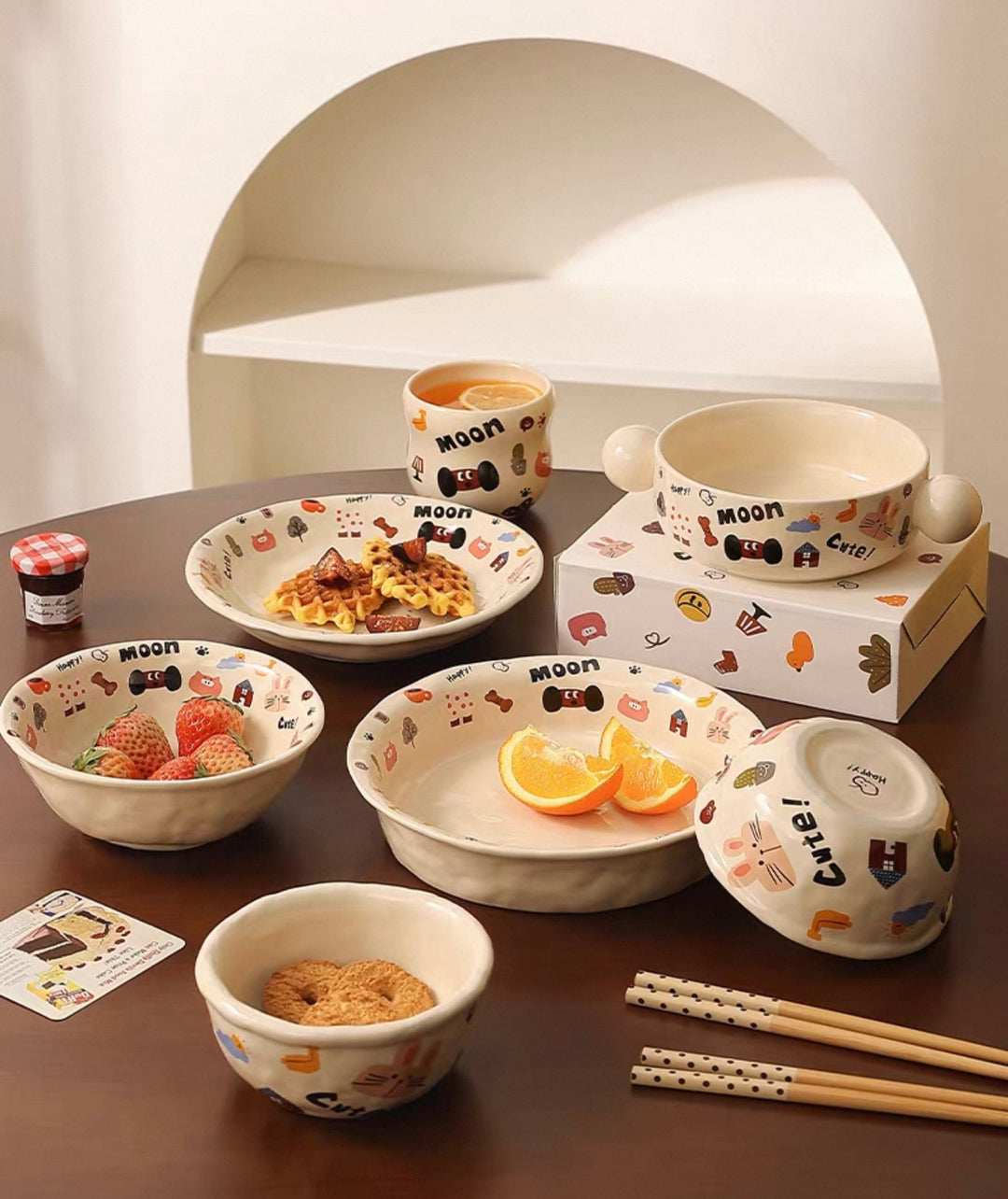 『 Cute Moon Dog Collection』 Handcrafted Underglaze Ceramic Tableware — Portion Plate 🥗, Dinner Plate 🍽️, Rice Bowl 🥣 & Mug