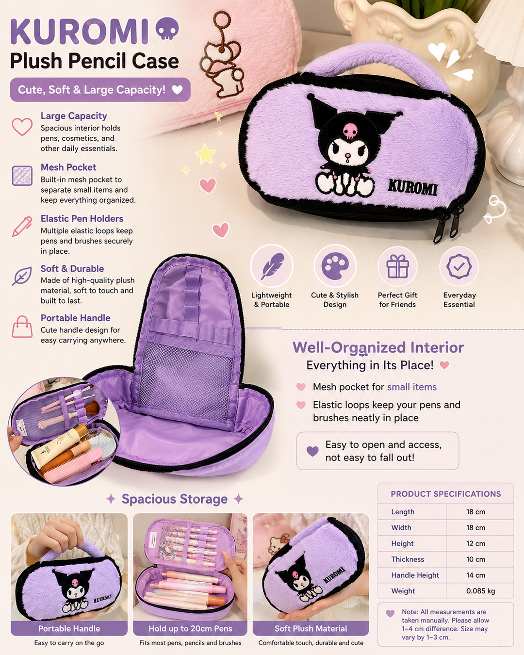 Cute Plush Pencil Case with Handle – Large Capacity Kawaii Zipper Pouch for School, Makeup & Accessories
