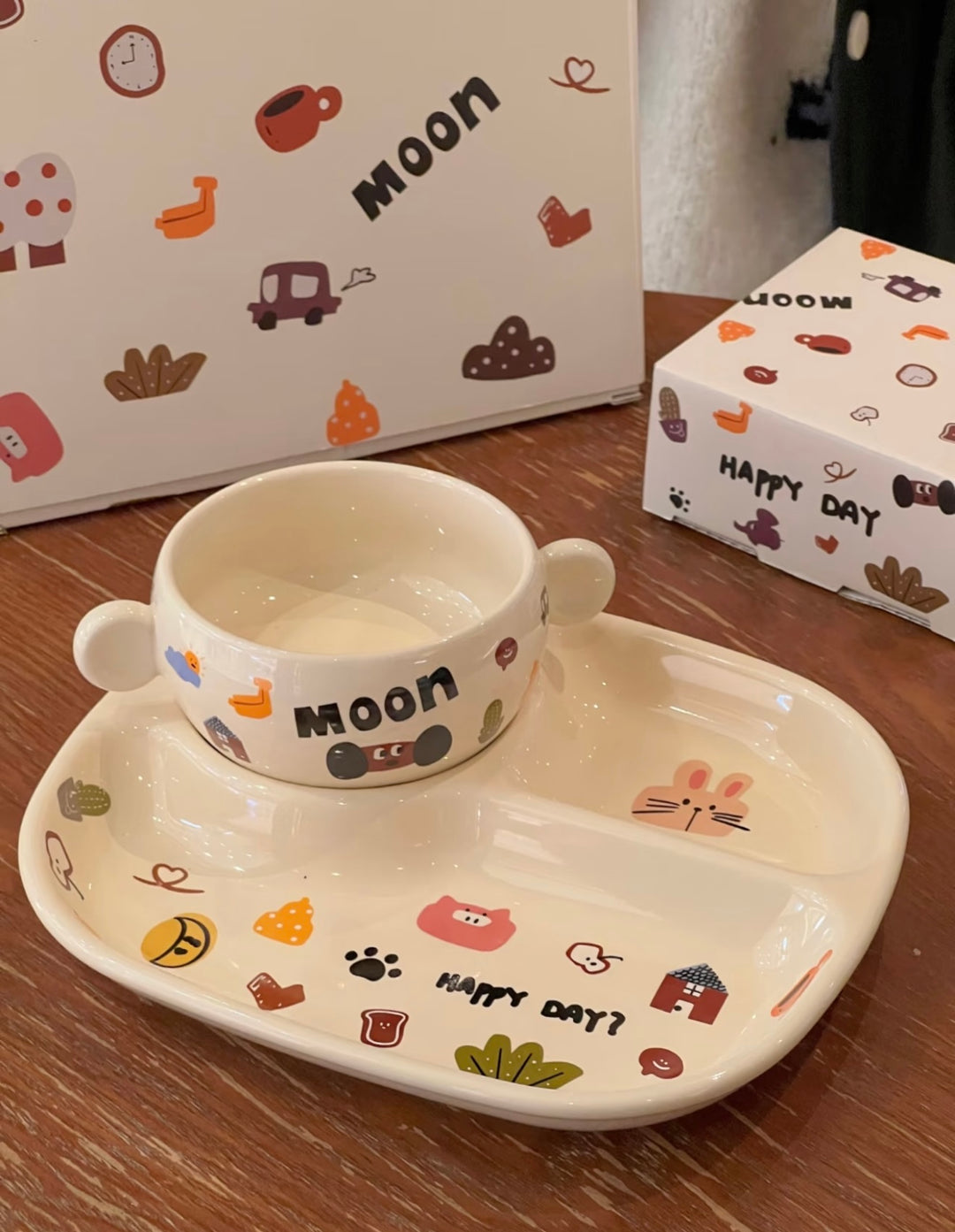 『 Cute Moon Dog Collection』 Handcrafted Underglaze Ceramic Tableware — Portion Plate 🥗, Dinner Plate 🍽️, Rice Bowl 🥣 & Mug
