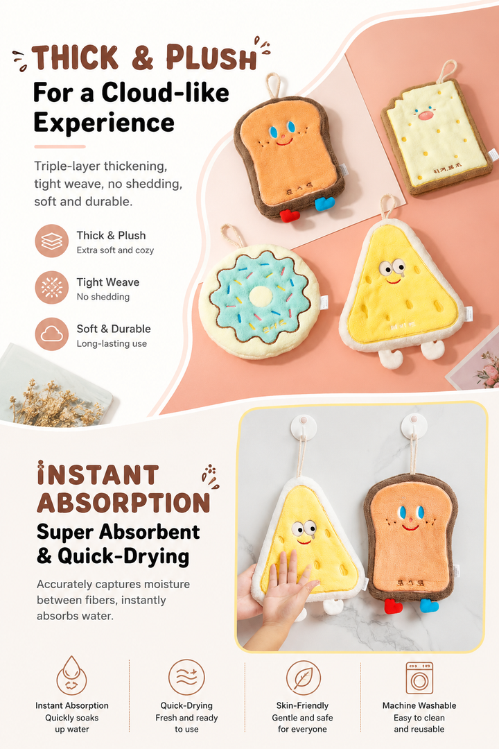 🍞🍩🧀 Bread Series Hanging Hand Towel – Soft Coral Fleece, Super Absorbent & Quick-Drying