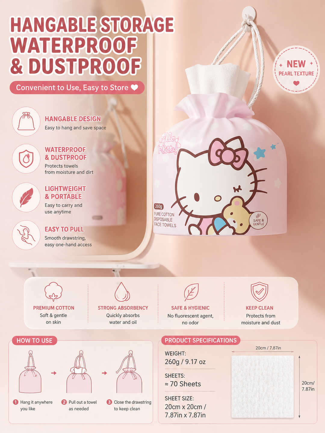『 Hello Kitty™️ Disposable Cotton Facial Towels 』260g Family Pack Hanging Style | Thickened Soft Towels for Sensitive Skin