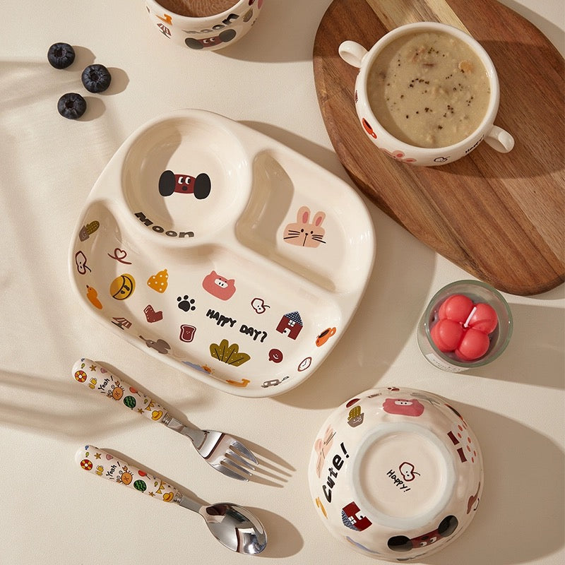 『 Cute Moon Dog Collection』 Handcrafted Underglaze Ceramic Tableware — Portion Plate 🥗, Dinner Plate 🍽️, Rice Bowl 🥣 & Mug