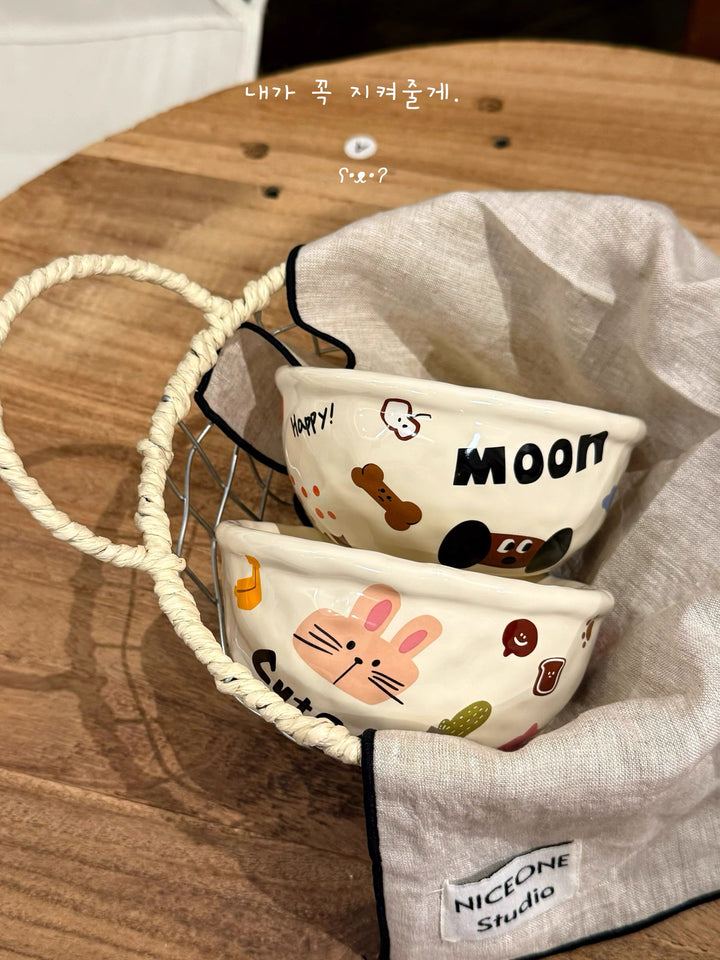 『 Cute Moon Dog Collection』 Handcrafted Underglaze Ceramic Tableware — Portion Plate 🥗, Dinner Plate 🍽️, Rice Bowl 🥣 & Mug