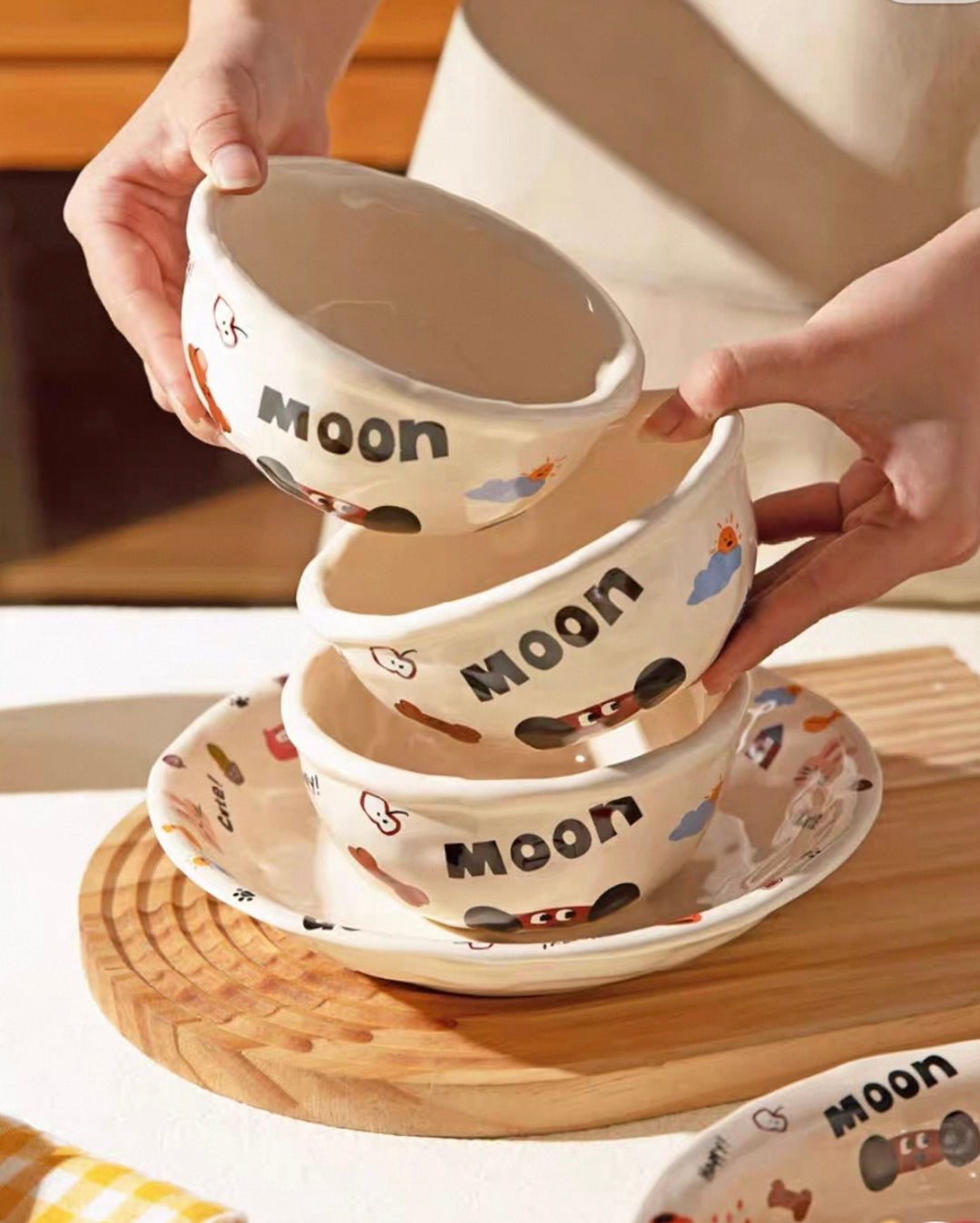 『 Cute Moon Dog Collection』 Handcrafted Underglaze Ceramic Tableware — Portion Plate 🥗, Dinner Plate 🍽️, Rice Bowl 🥣 & Mug