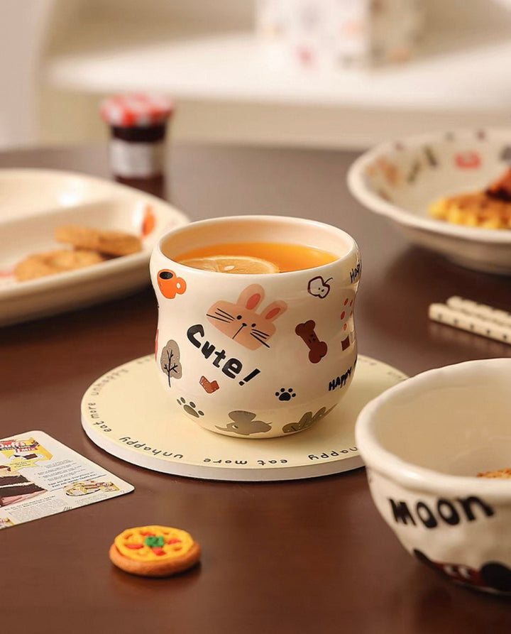 『 Cute Moon Dog Collection』 Handcrafted Underglaze Ceramic Tableware — Portion Plate 🥗, Dinner Plate 🍽️, Rice Bowl 🥣 & Mug
