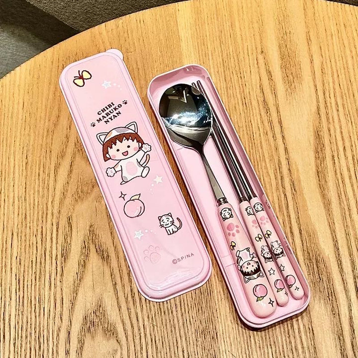 Chibi Maruko-chan 3-Piece Set Portable Tableware Set Stainless Steel Spoon +Fork +Chopsticks Pink Set