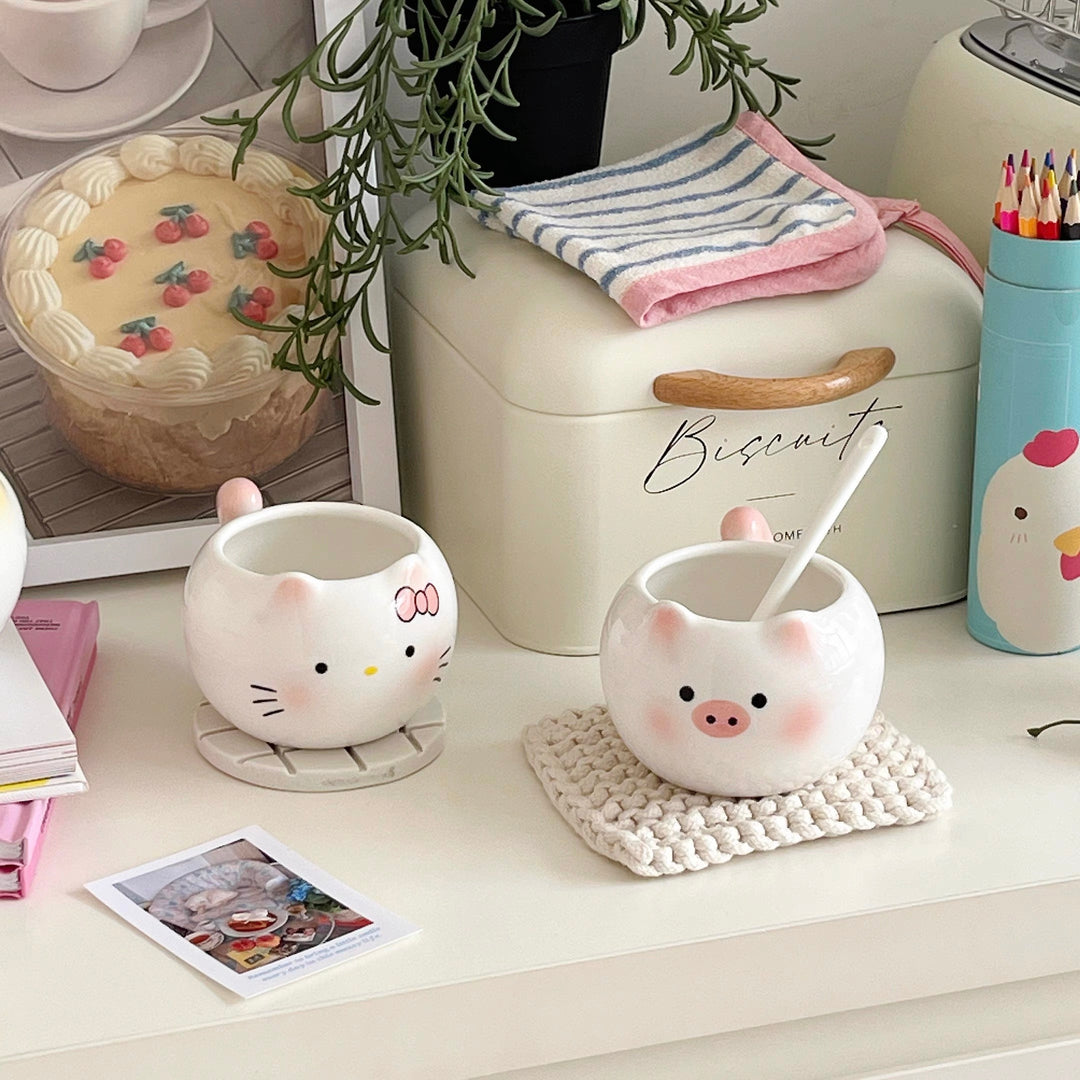 Blushing Kitty & Little Pink Pig 🐷 Ceramic Mug – Heat Resistant