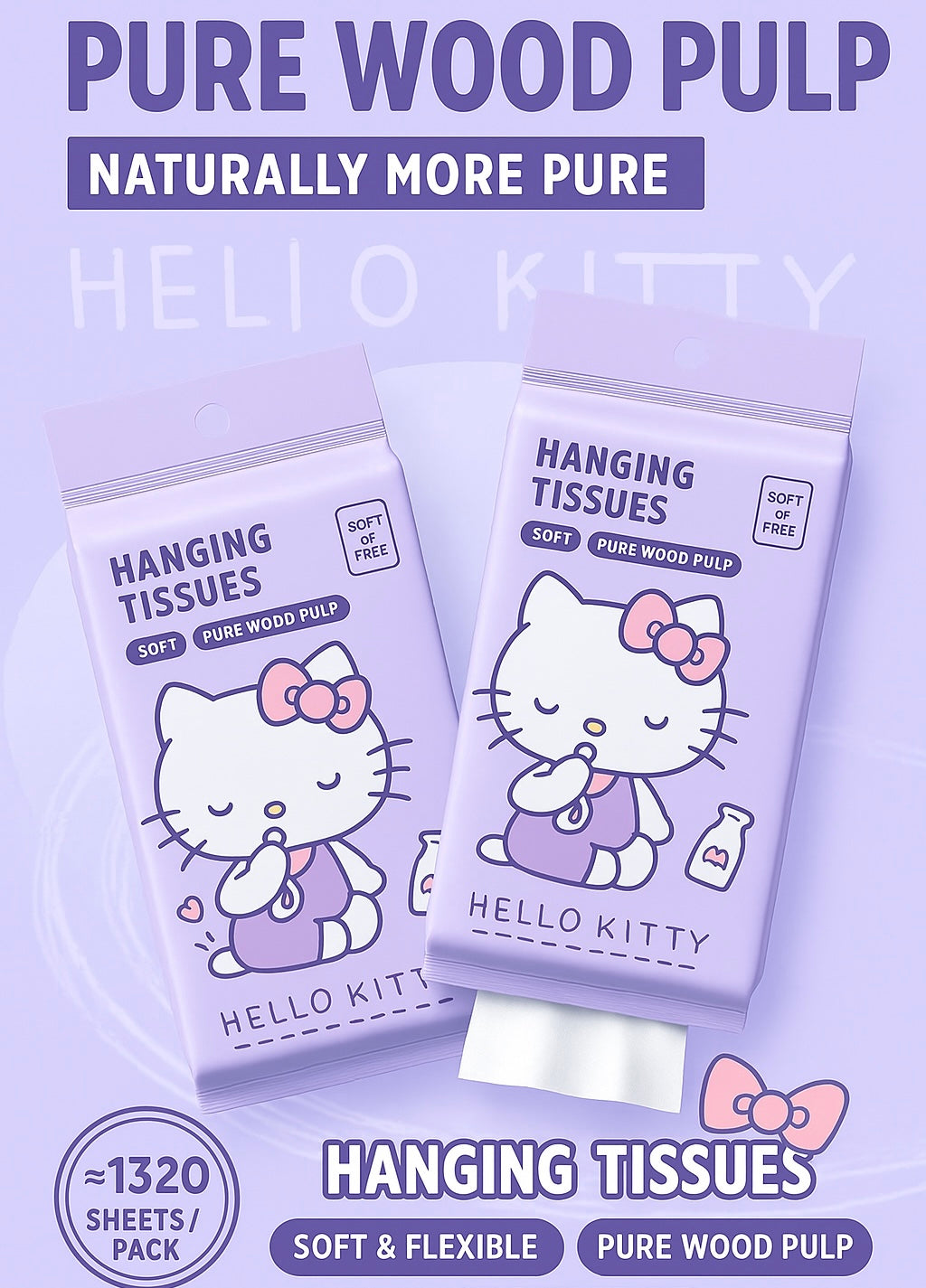 Sanrio™️ Cute Hanging Tissue Pack – 4-Ply, Extra-Large & Portable, 1,320 Sheets