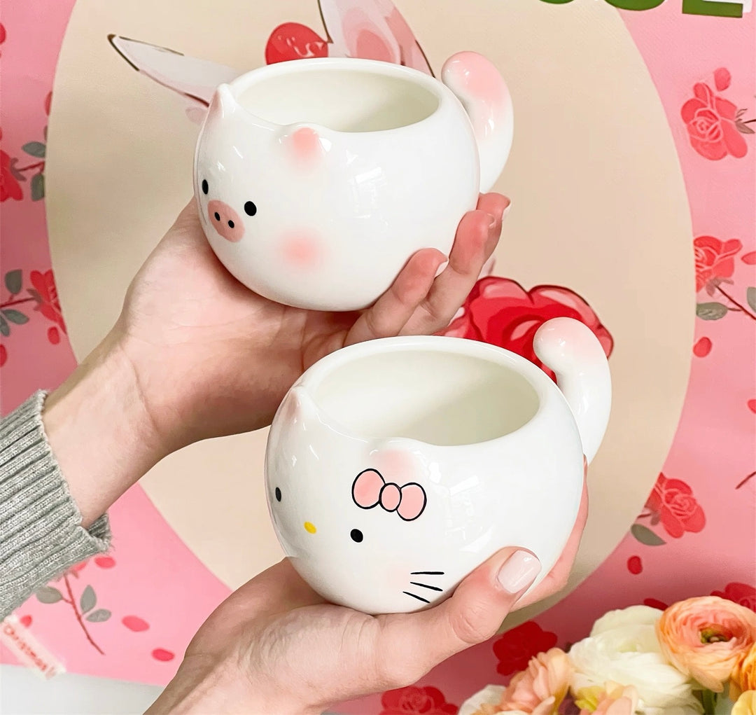 Blushing Kitty & Little Pink Pig 🐷 Ceramic Mug – Heat Resistant