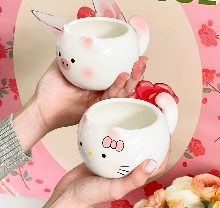 Blushing Kitty & Little Pink Pig 🐷 Ceramic Mug – Heat Resistant