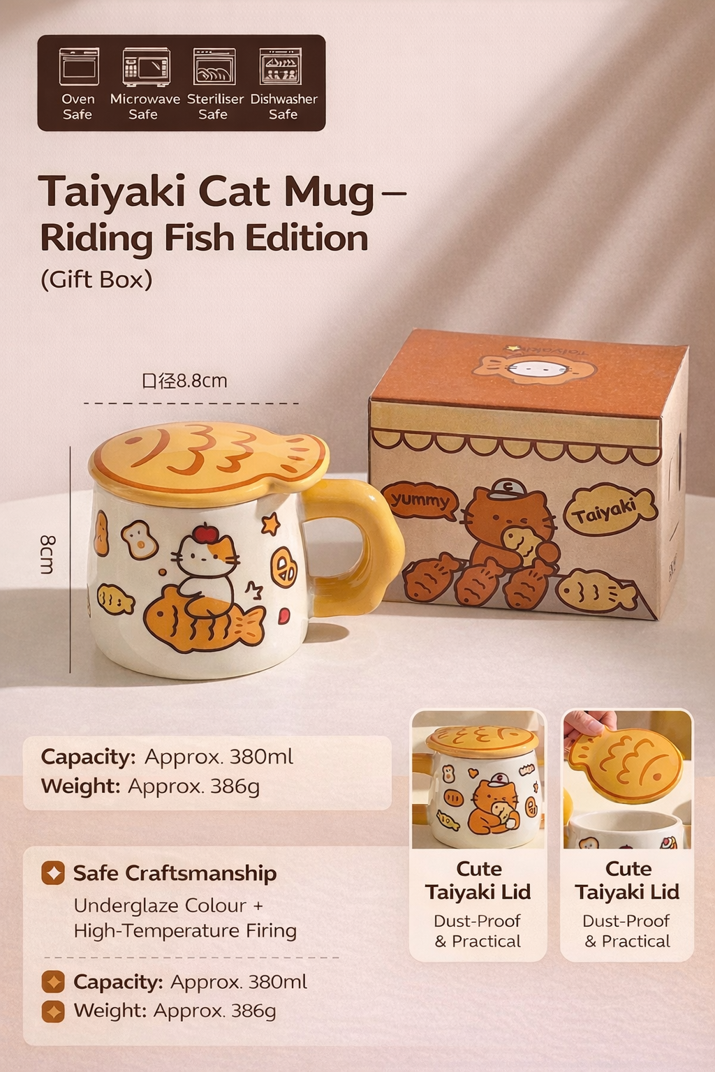 Ceramic Mug with Lid – Taiyaki Cat Design, Underglaze Finish, Heat Resistant
