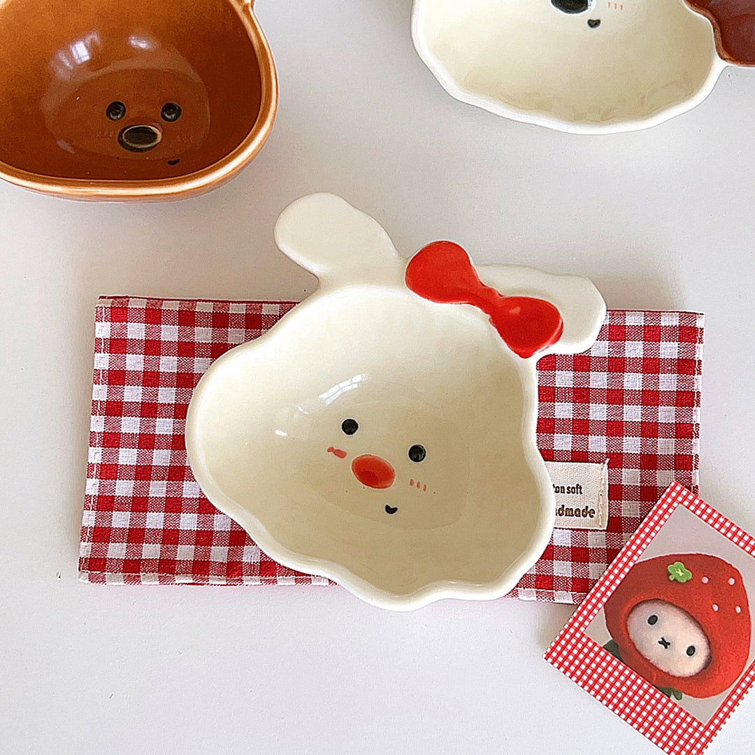 『Curly Pup🐶 & Bunny🐰』 Hand-Painted Underglaze Sauce Dish / Yogurt & Fruit Bowl