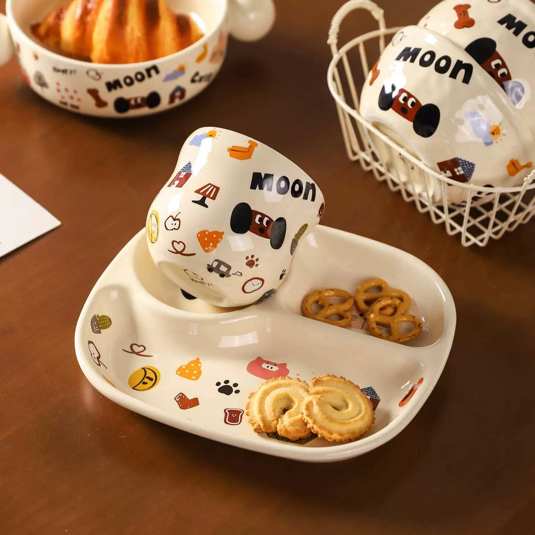 『 Cute Moon Dog Collection』 Handcrafted Underglaze Ceramic Tableware — Portion Plate 🥗, Dinner Plate 🍽️, Rice Bowl 🥣 & Mug