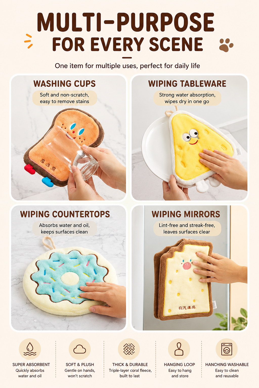 🍞🍩🧀 Bread Series Hanging Hand Towel – Soft Coral Fleece, Super Absorbent & Quick-Drying