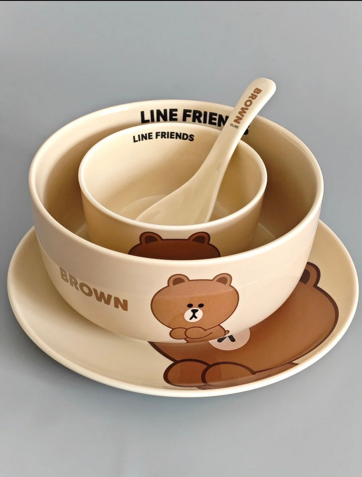 LINE FRIENDS Brown Bear & Choco Bear Ceramic Tableware For One Person 4 Gift Box