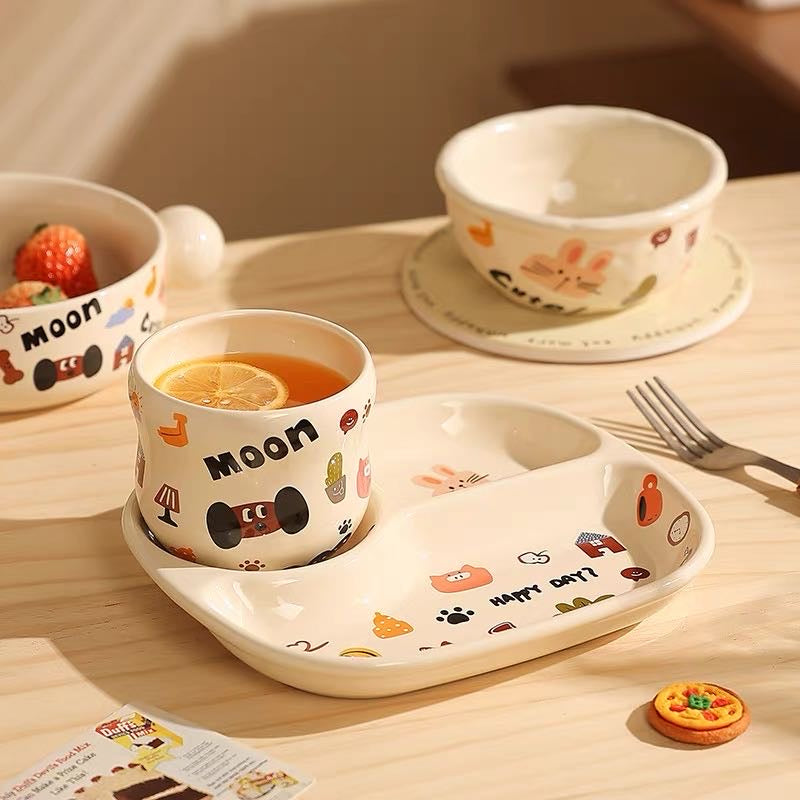 Cute Dog Series Underglaze Ceramic Tableware Set Compartment Plate Dinner Plate Rice Bowl Hand-held Cup