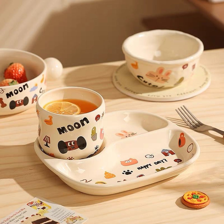 Cute Dog Series Underglaze Ceramic Tableware Set Compartment Plate Dinner Plate Rice Bowl Hand-held Cup