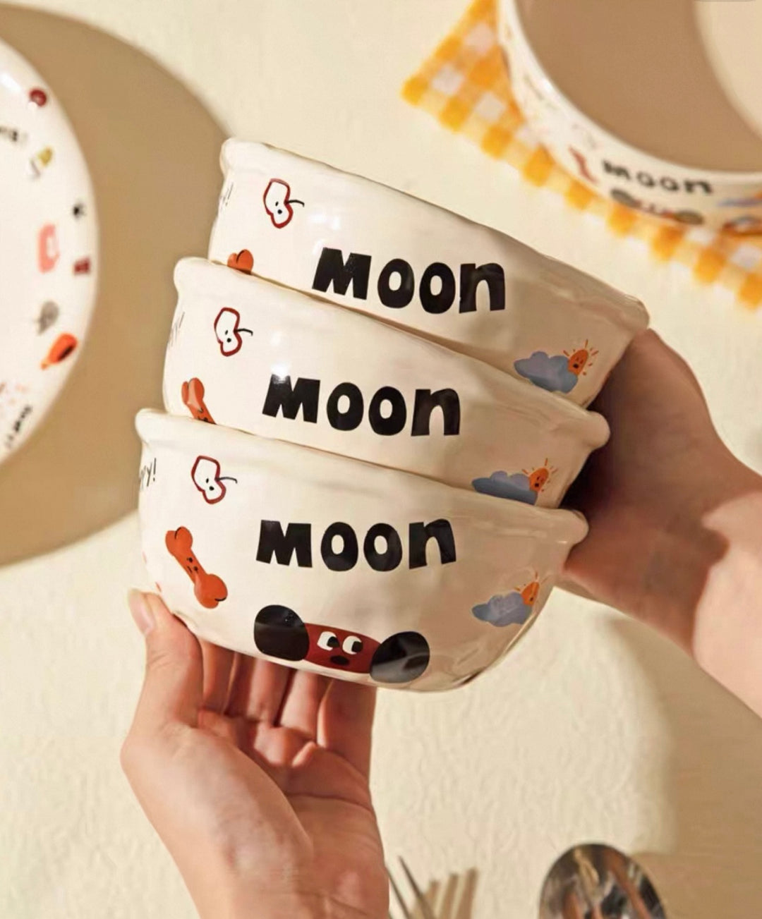 『 Cute Moon Dog Collection』 Handcrafted Underglaze Ceramic Tableware — Portion Plate 🥗, Dinner Plate 🍽️, Rice Bowl 🥣 & Mug