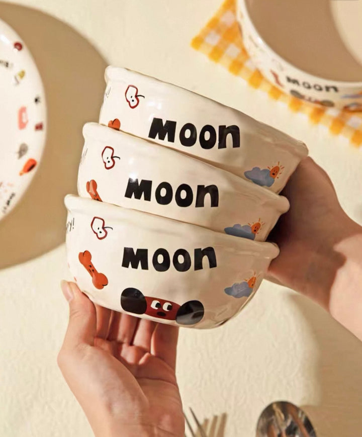 『 Cute Moon Dog Collection』 Handcrafted Underglaze Ceramic Tableware — Portion Plate 🥗, Dinner Plate 🍽️, Rice Bowl 🥣 & Mug