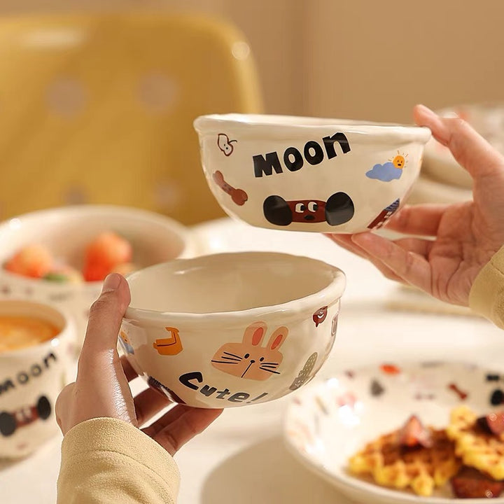『 Cute Moon Dog Collection』 Handcrafted Underglaze Ceramic Tableware — Portion Plate 🥗, Dinner Plate 🍽️, Rice Bowl 🥣 & Mug