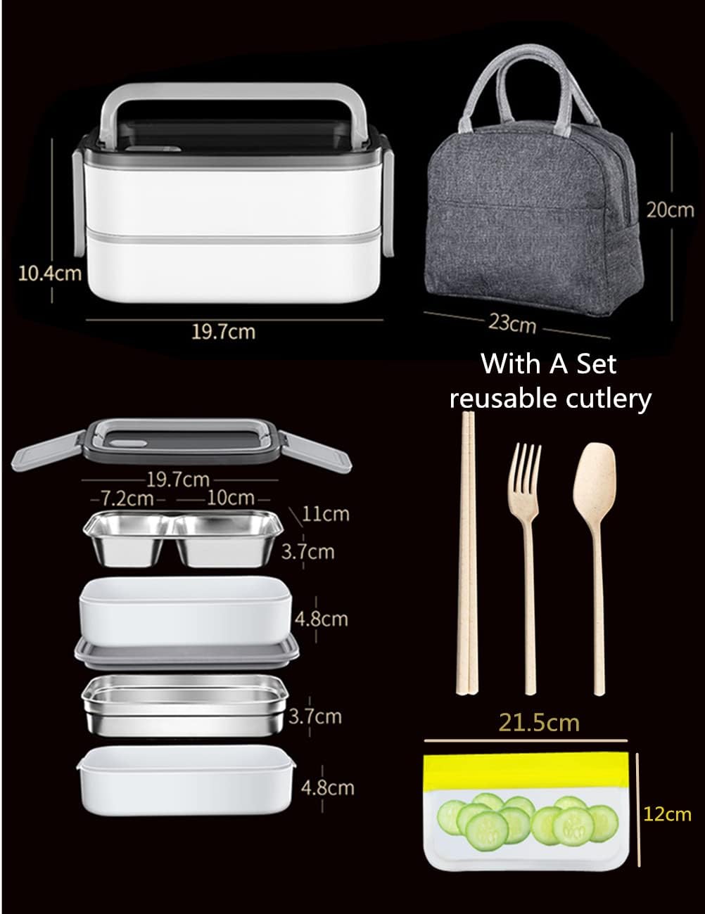 「Lunch Box」2 Tier Bento Box with 3 Compartments & Cutlery, Portable Lunch Box with Lunch Bag & Utensils Spoon, Fork, Chopsticks, Bag