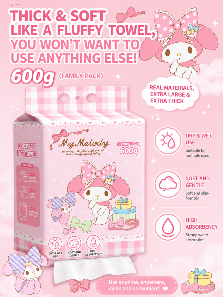 『 Sanrio™️ Disposable Face Towels 』600g Family Pack | Soft Cotton Hanging Facial Wipes | Dry & Wet Use Towels