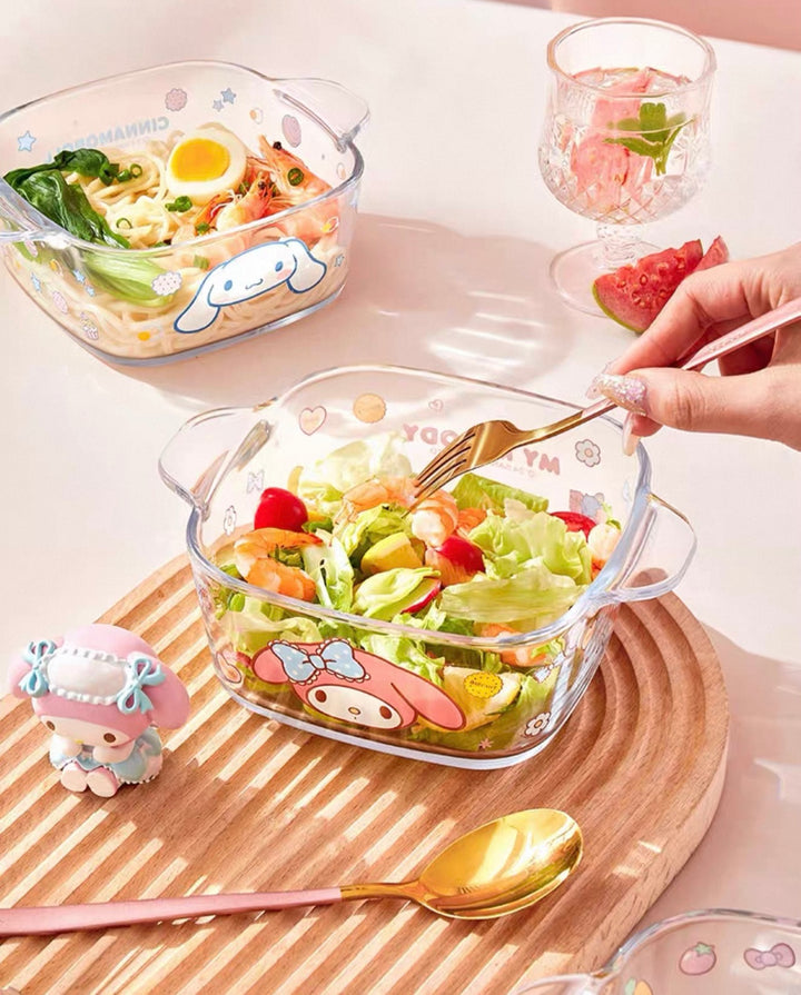 Sanrio™ Double-Handle Glass Bowl – Ramen, Rice, Dessert, Salad & Yogurt Bowl 🫐 Heat-Resistant