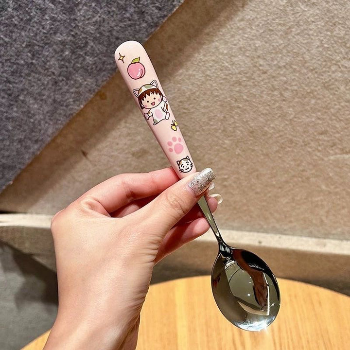 Chibi Maruko-chan 3-Piece Set Portable Tableware Set Stainless Steel Spoon +Fork +Chopsticks Pink Set