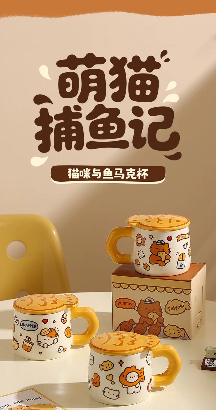 Cat Mug with Lid Ceramic Cup Underglaze Heat Resistant