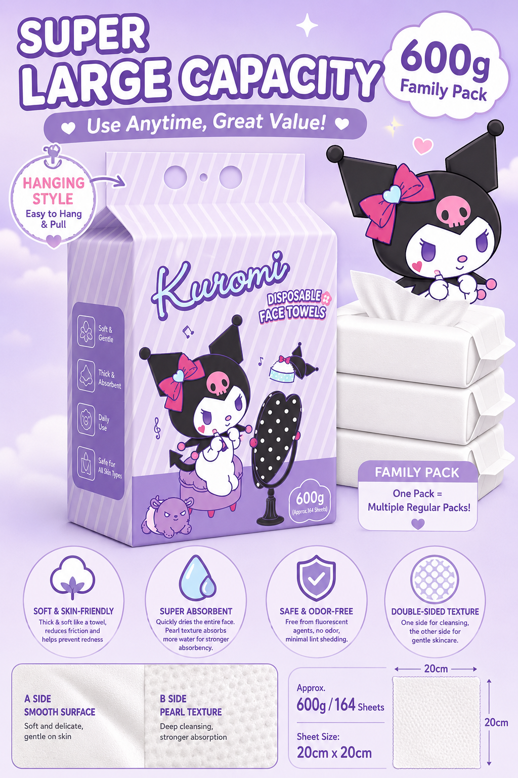 『 Sanrio™️ Disposable Face Towels 』600g Family Pack | Soft Cotton Hanging Facial Wipes | Dry & Wet Use Towels