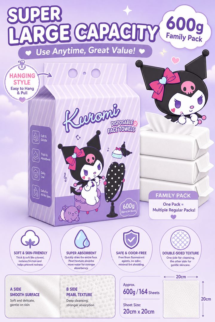 『 Sanrio™️ Disposable Face Towels 』600g Family Pack | Soft Cotton Hanging Facial Wipes | Dry & Wet Use Towels