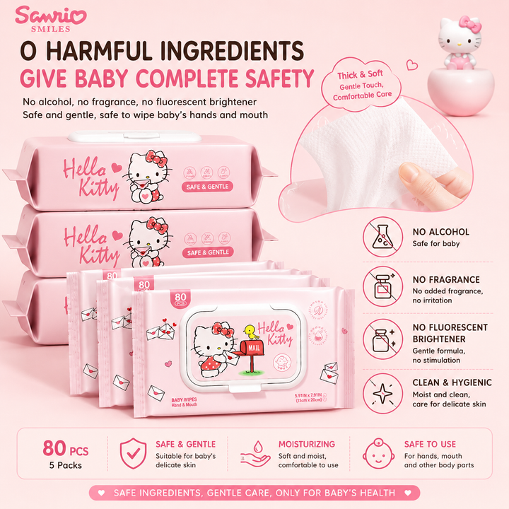 Hello Kitty™ Baby Hand & Mouth Wipes – 80 Wipes per Pack | 4-Pack Bundle | Total 320 Wipes