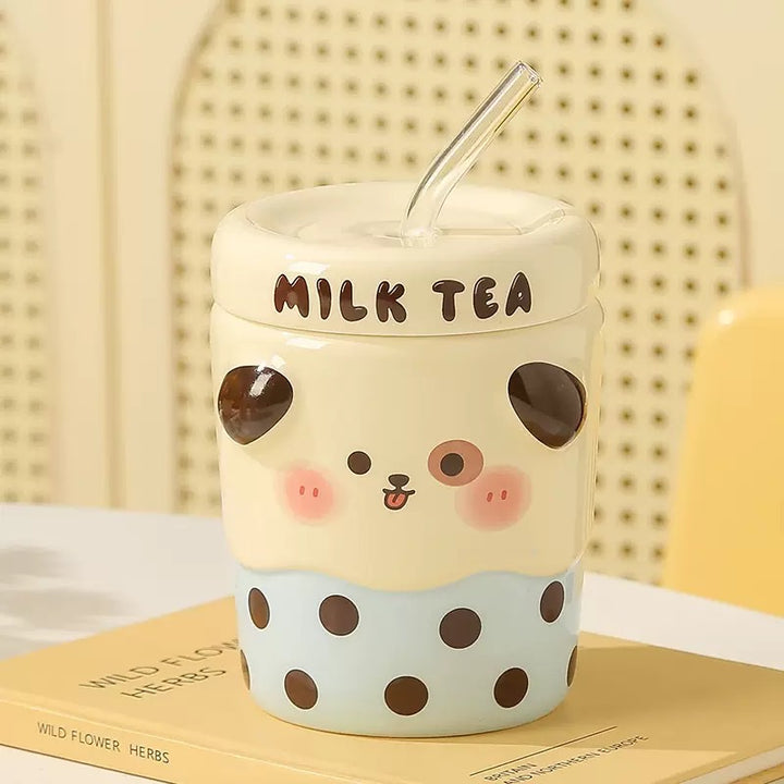 Cute Cute Milk Tea Straw Cup with Lid Ceramic Cup Glass Straw
