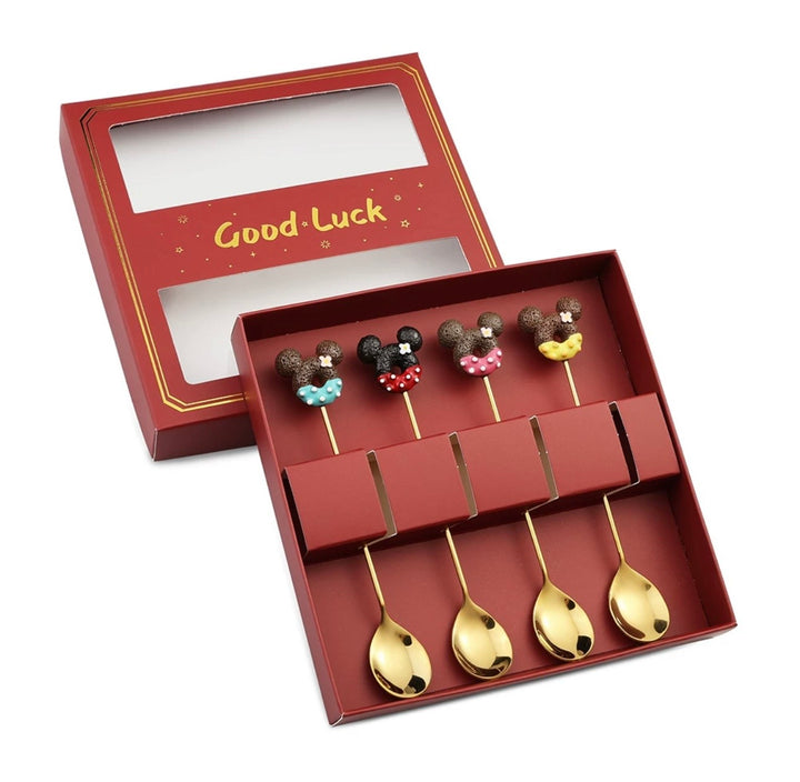 Mickey 304 Stainless Steel Gold Coffee Spoon Fruit Fork 2-Piece Set
