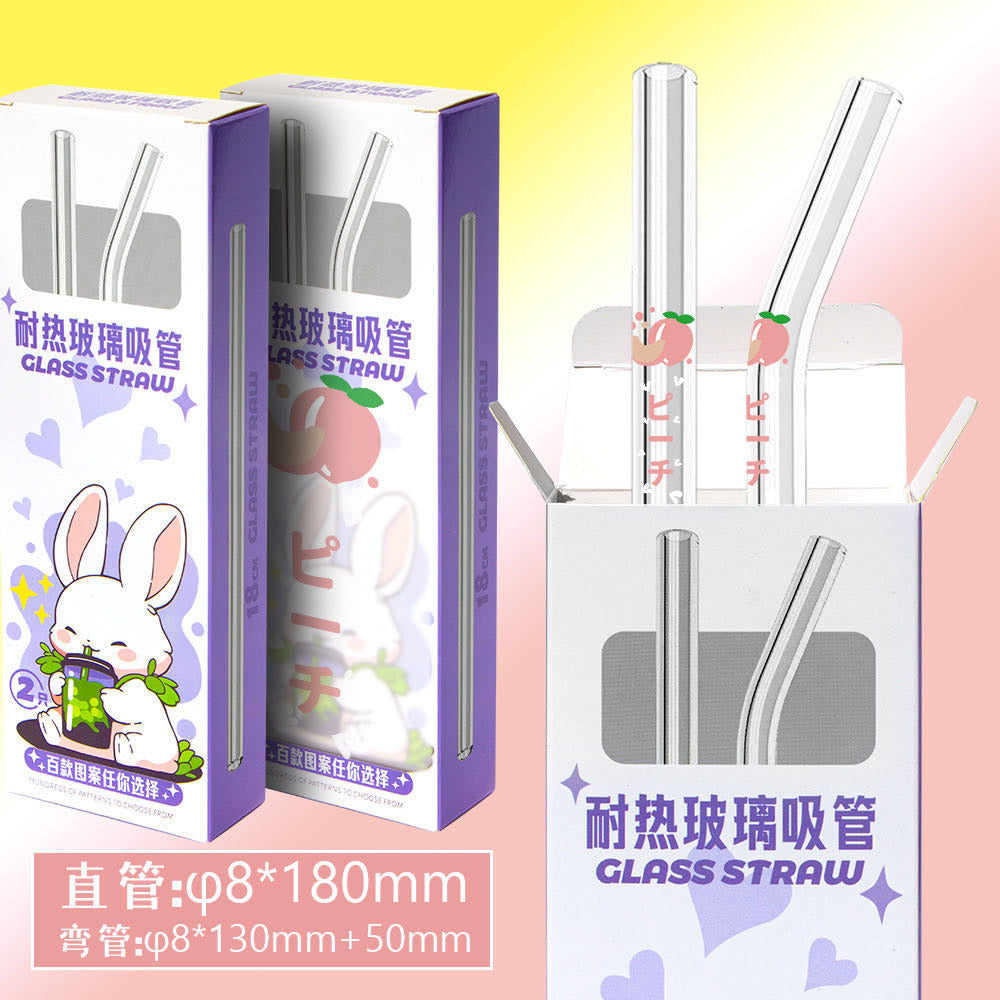 Transparent Heat Resistant Glass Straw Milk Tea Juice Straw 2Straw +Cleaning Brush Straw