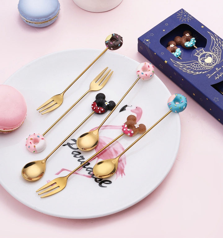 Donut 304 Stainless Steel Gold Coffee Spoon Fruit Fork 2-Piece Set